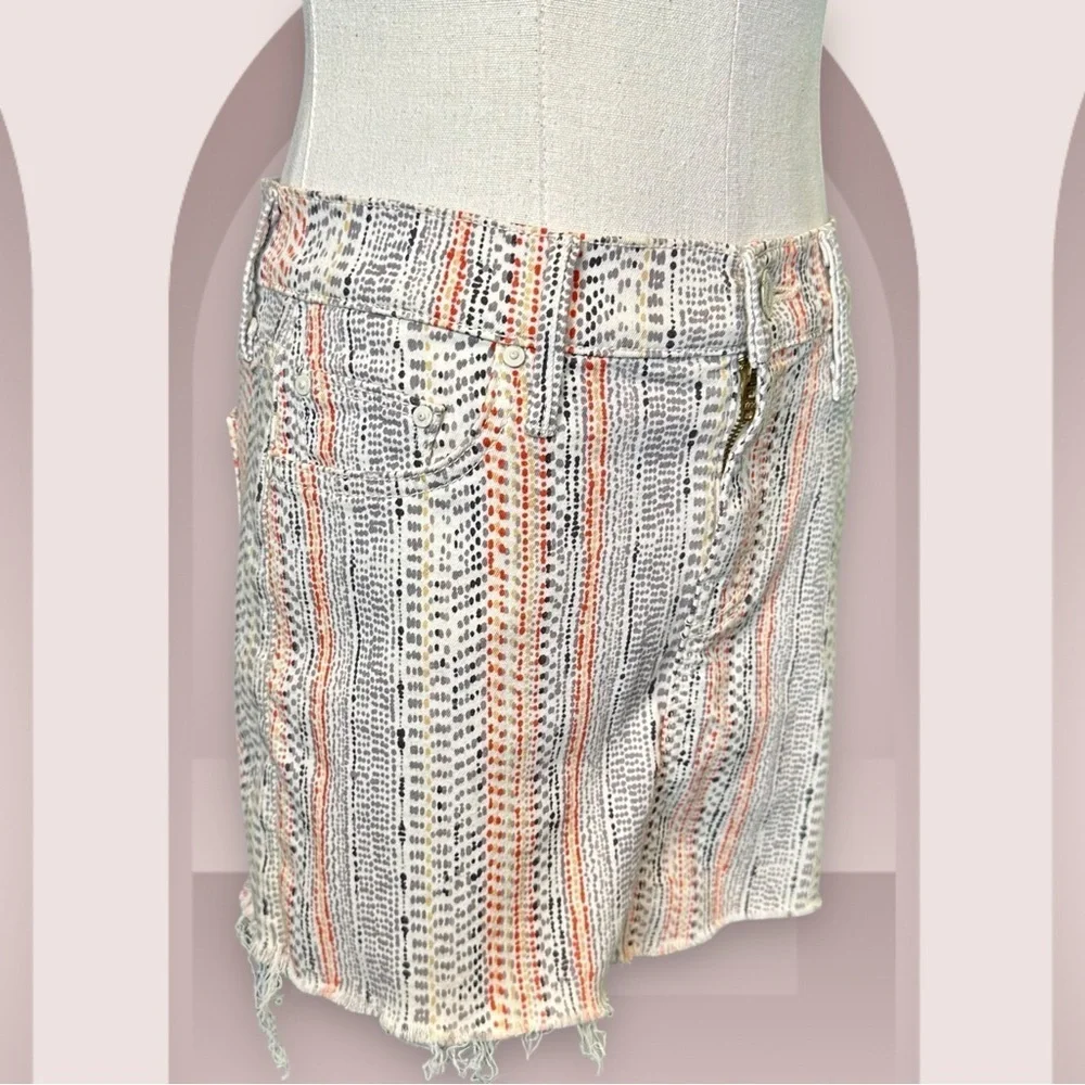 NWT MOTHER Denim ‘Straight Mini Fray’ Denim Skirt in “Mandarin” Orange Dot Print